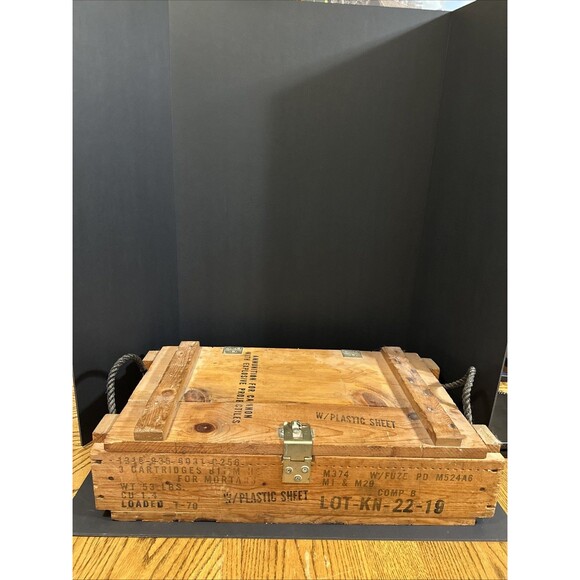 1969 Wooden Crate  Ammunition For Cannon With Explosive Projectiles w/handles - Picture 2 of 9